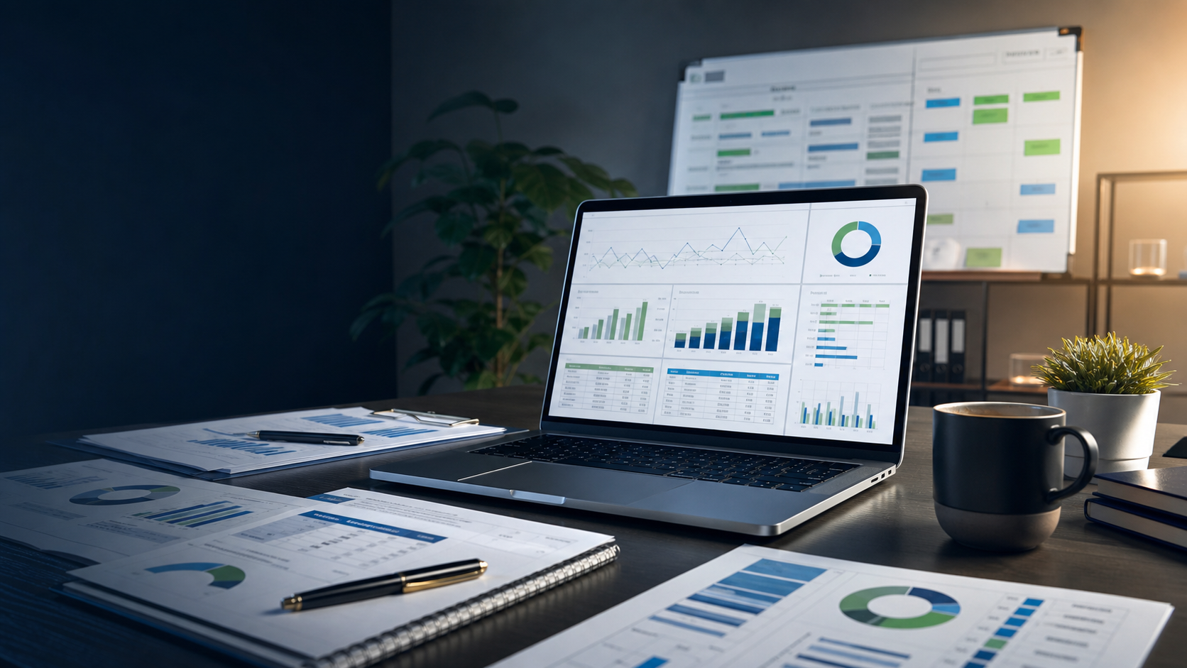 Modern finance operations workspace with accounting dashboards and reporting materials